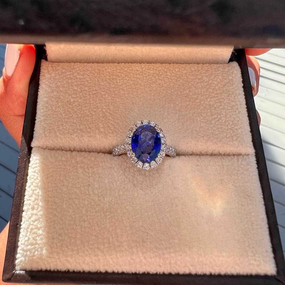 Engagement Sapphire Halo Ring with Diamond Accents